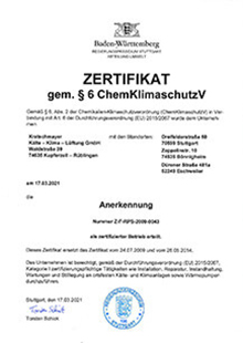 Bild des Zertifikats zur Chemikalienschutzverordnung am Kratschmayer Standort Rüblingen