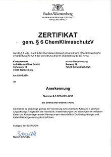 Bild des Zertifikats zur Chemikalienschutzverordnung am Kratschmayer Standort Waldenburg